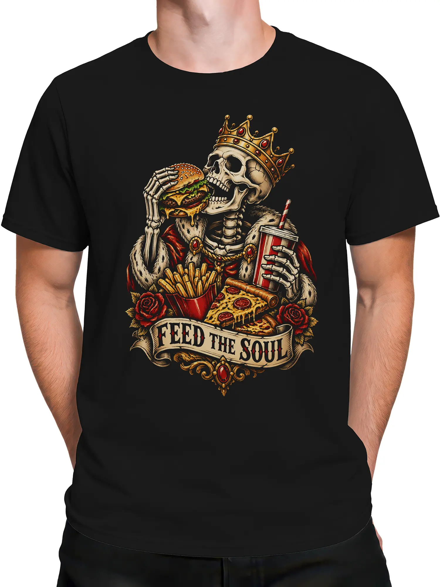 Male torso wearing a black T-shirt with crowned skeleton, burger, fries, pizza, and gothic food artwork