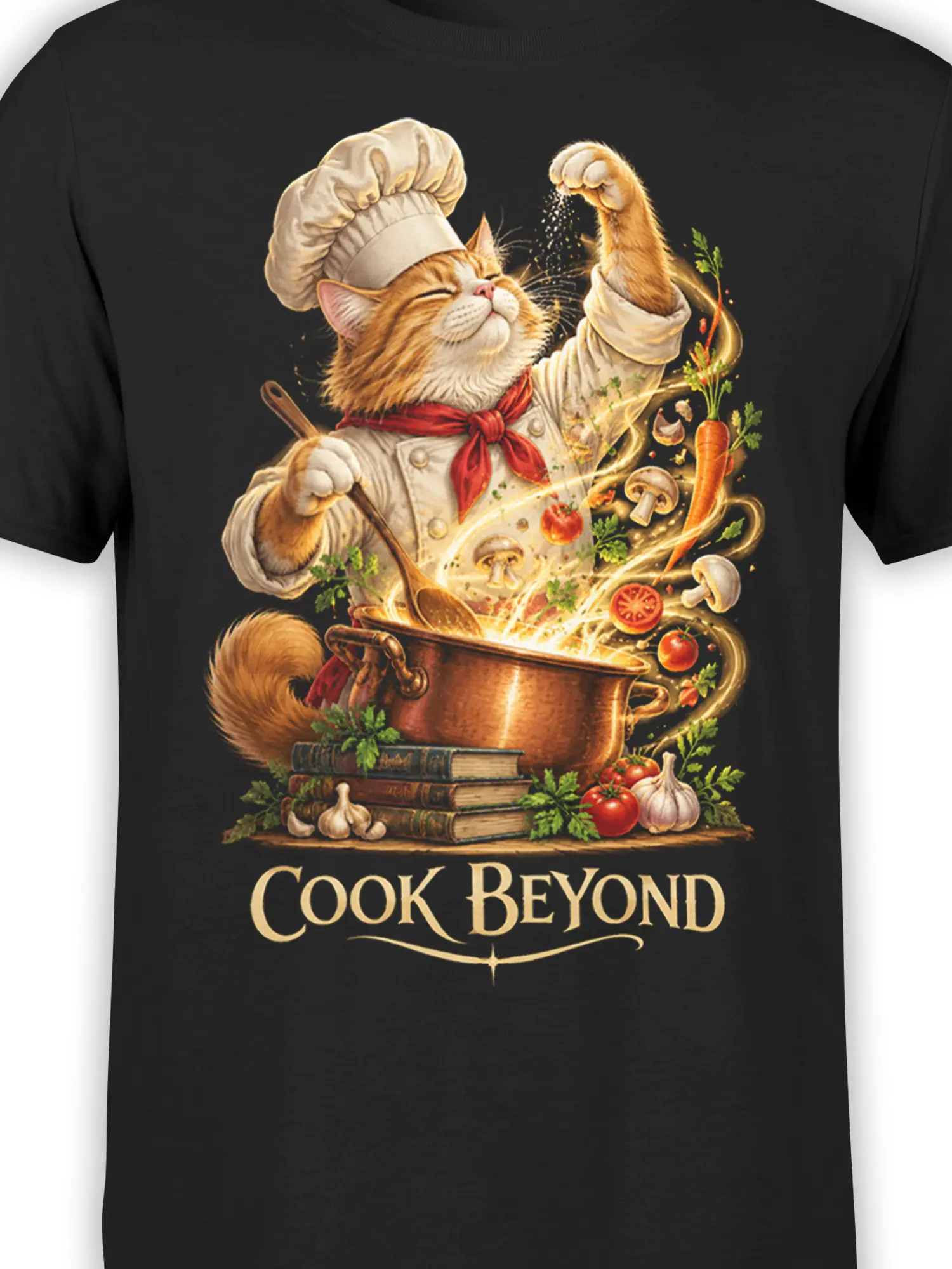 Close-up of cat chef artwork with copper cooking pot, vegetables, herbs, and Cook Beyond text on black fabric