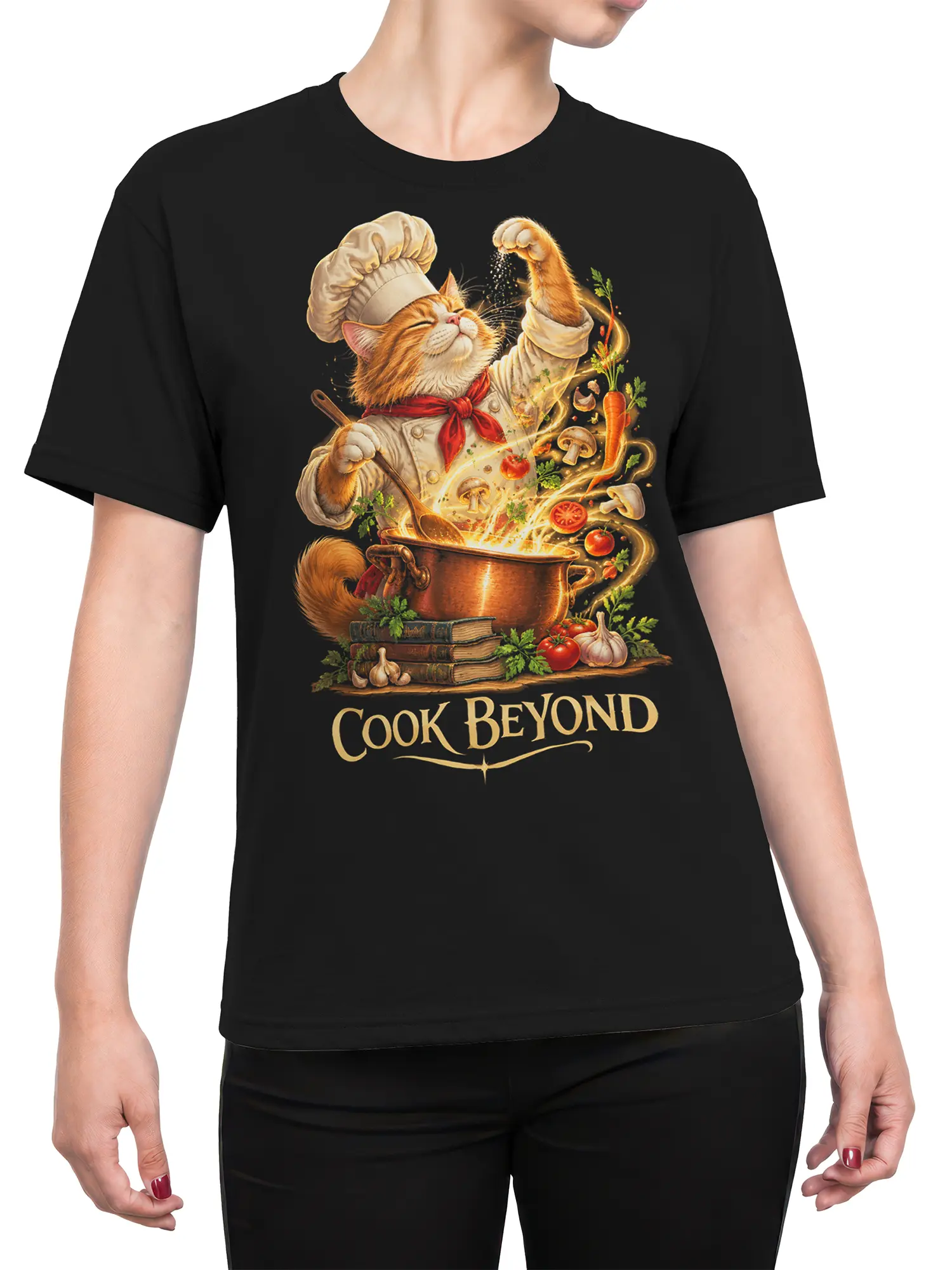Female torso wearing a black cat chef T-shirt with magical cooking artwork and Cook Beyond lettering