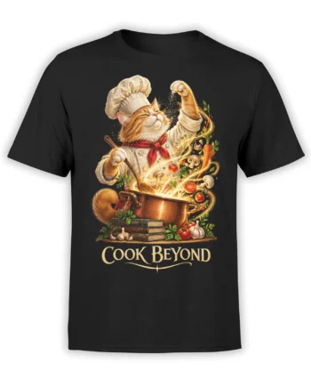 Black cat chef T-shirt with a magical cooking pot, vegetables, recipe books, and Cook Beyond lettering