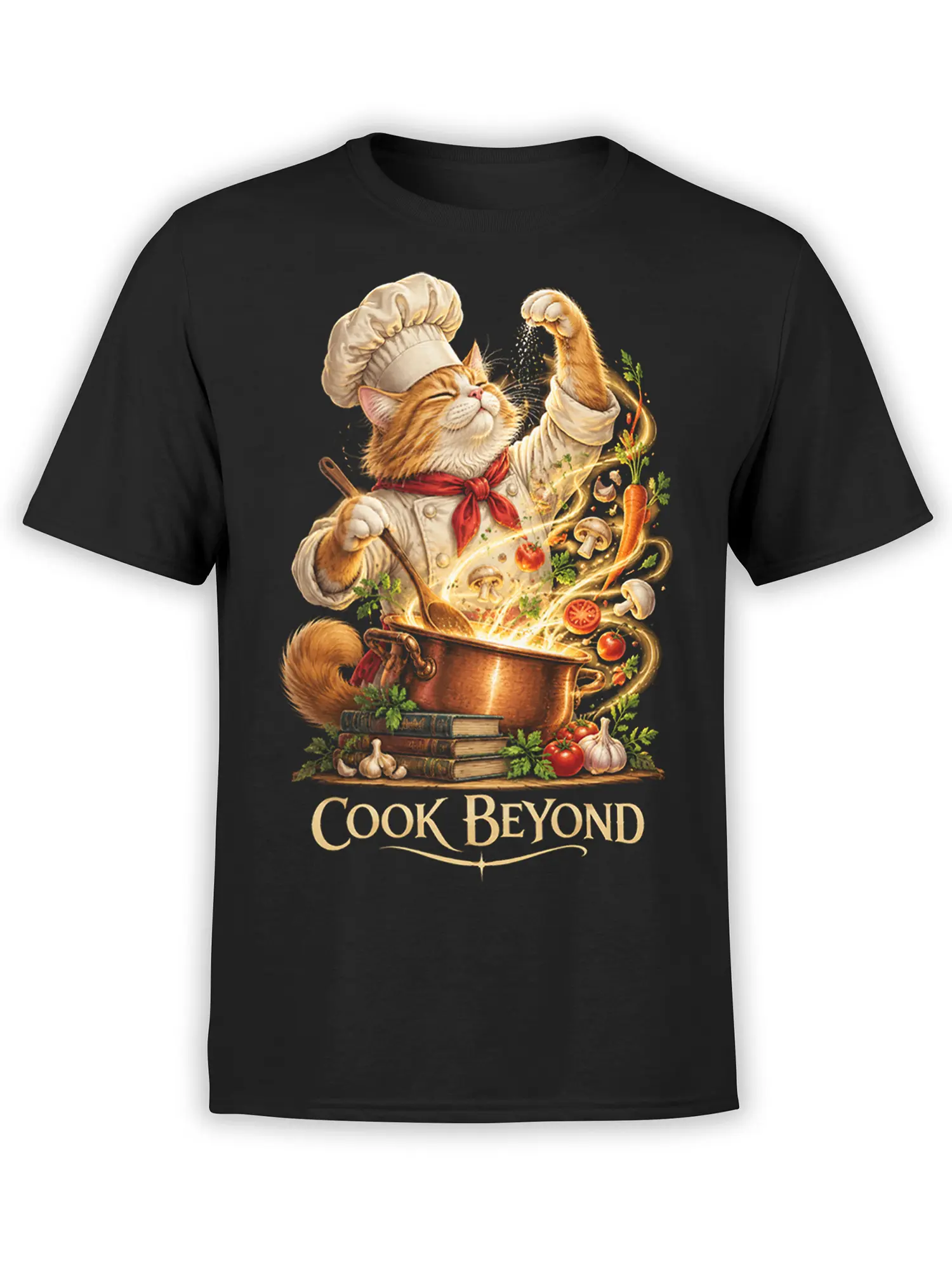 Black cat chef T-shirt with a magical cooking pot, vegetables, recipe books, and Cook Beyond lettering