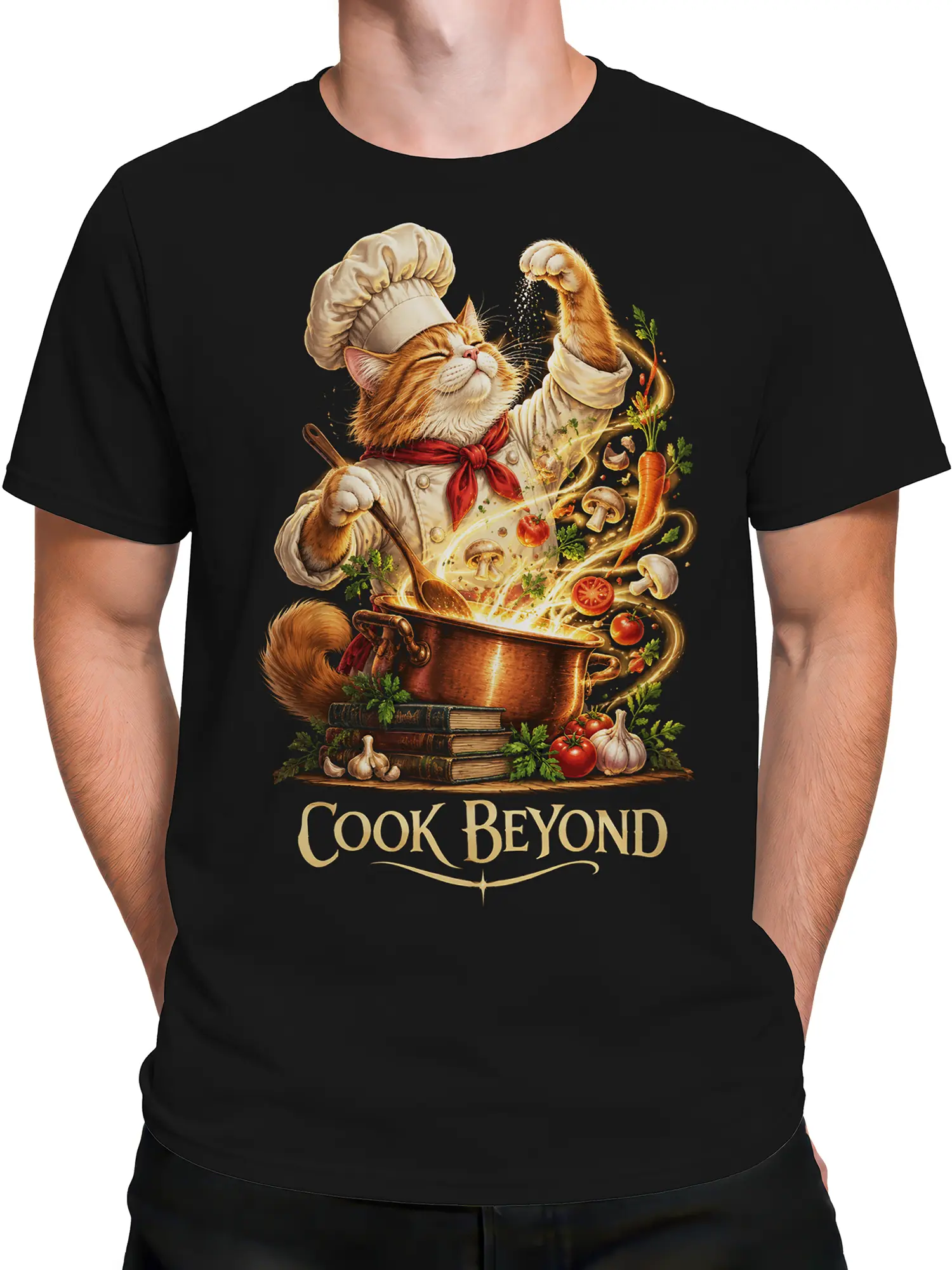 Male torso wearing a black cat chef T-shirt with copper pot, vegetables, and Cook Beyond artwork