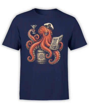 Vintage octopus sailor reading a newspaper with a cocktail on a navy nautical T-shirt