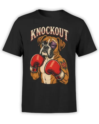 Bruised bulldog in red boxing gloves and knockout lettering on a black graphic T-shirt