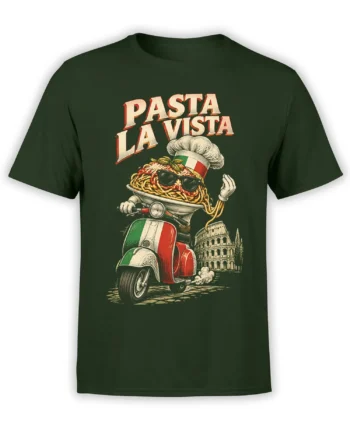 Green Italian food T-shirt with a sunglasses-wearing pasta character riding a scooter near the Colosseum