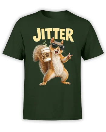 Jittery squirrel wearing sunglasses and holding coffee on a green graphic T-shirt with JITTER text