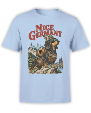 Light blue dachshund Germany T-shirt with mountains, castle, travel barrel, and bold red lettering