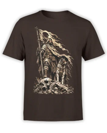 Brown T-shirt with a hooded wasteland sentinel and gas-mask dog beside skulls and a torn flag