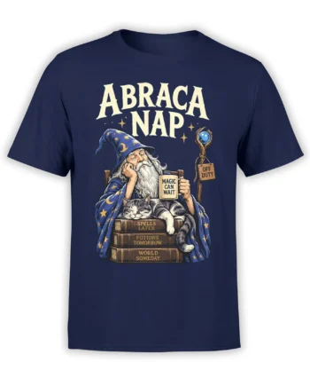 Sleepy wizard and gray cat Abraca Nap graphic on a navy fantasy T-shirt