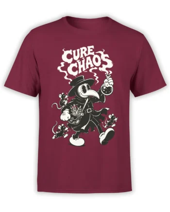 Burgundy T-shirt with a plague doctor character, mouse companions, flask, and Cure Chaos lettering