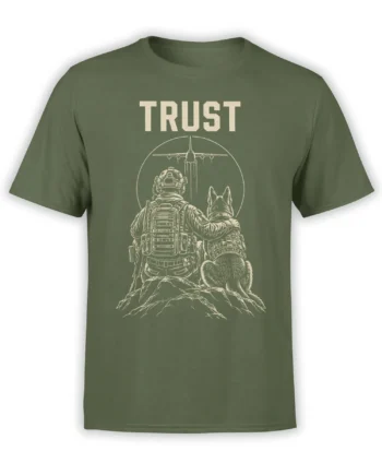 Green T-shirt with a soldier and loyal dog graphic, aircraft, rocky ridge, and bold TRUST lettering