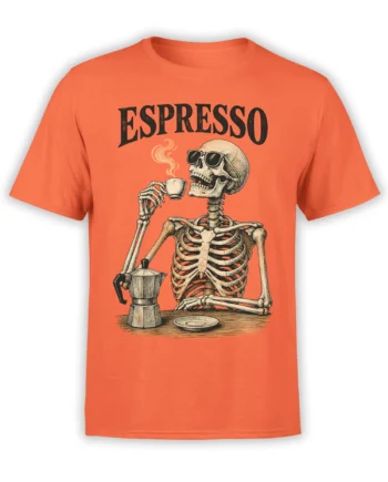 Vintage skeleton in sunglasses holding espresso beside a moka pot on an orange coffee T-shirt