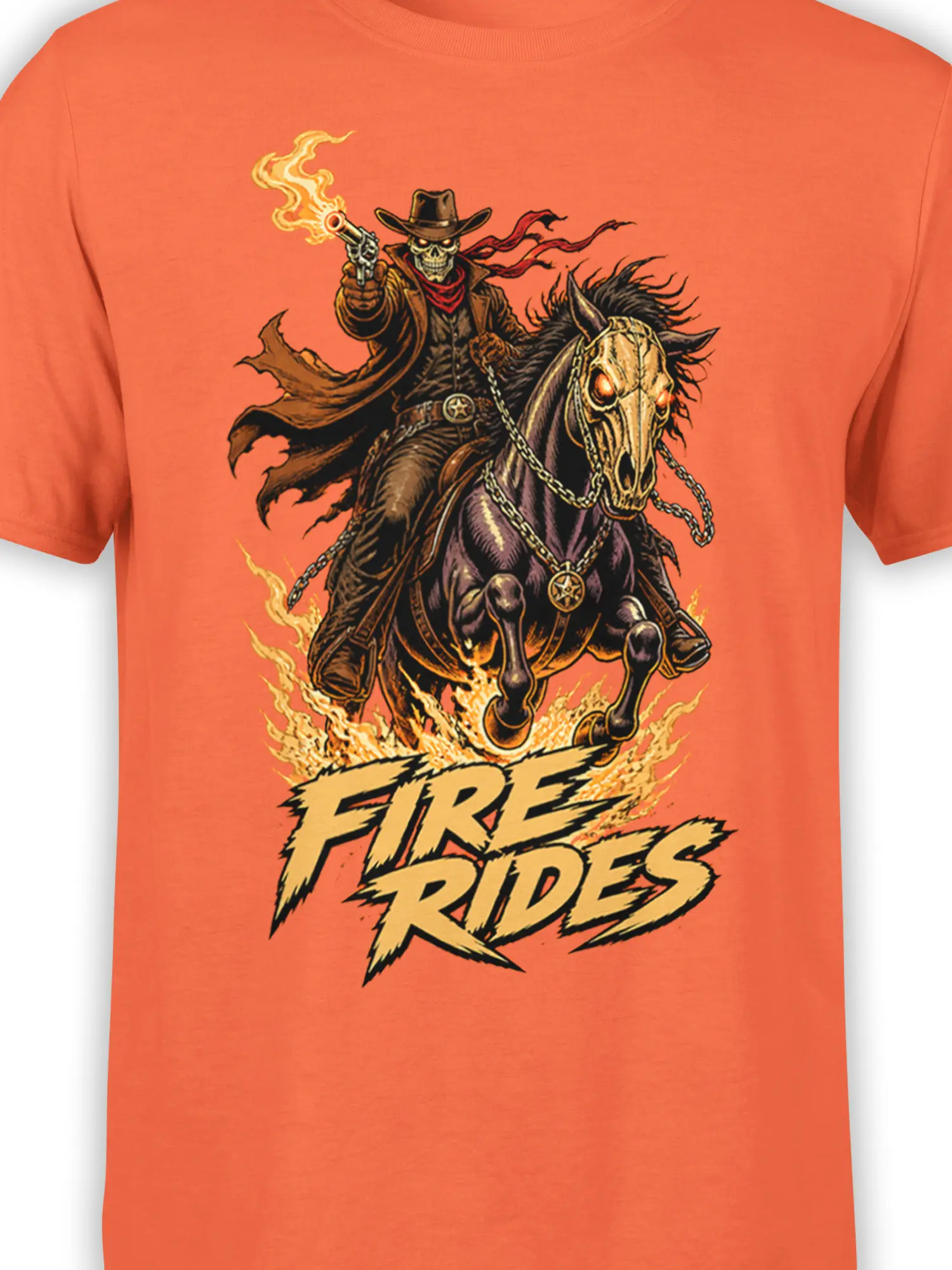 Close-up of the skeleton cowboy, flaming horse, chains, and “Fire Rides” artwork on an orange shirt