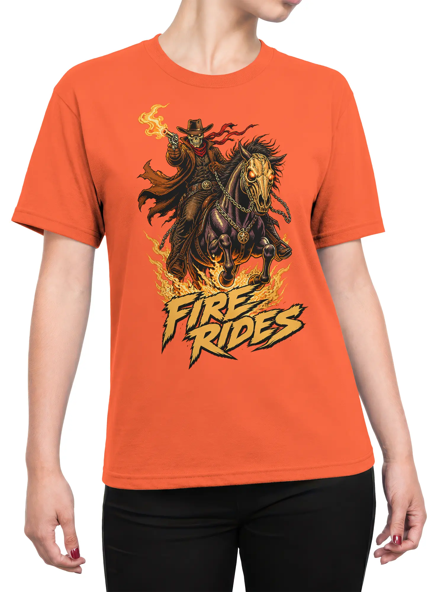 Female torso wearing an orange shirt with a fiery skeleton cowboy and horse graphic design