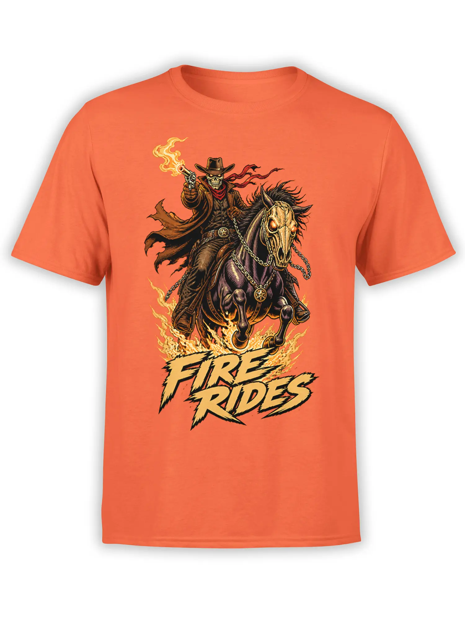 Orange graphic tee with a fiery skeleton cowboy riding a dark horse beneath bold “Fire Rides” lettering