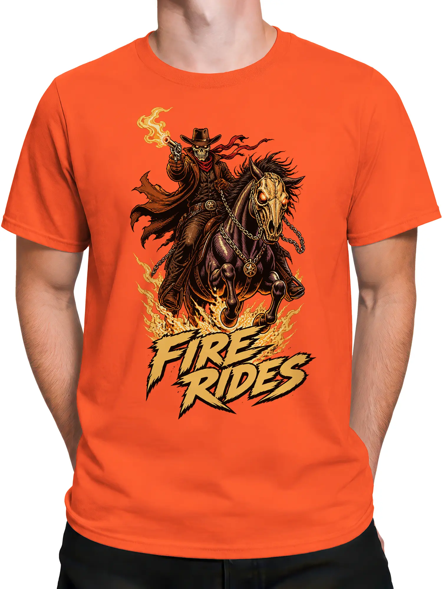 Male torso wearing an orange graphic tee with a skeleton cowboy and flaming horse design