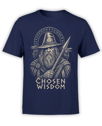 Bearded wizard with sword and ravens on a navy Chosen Wisdom fantasy T-shirt