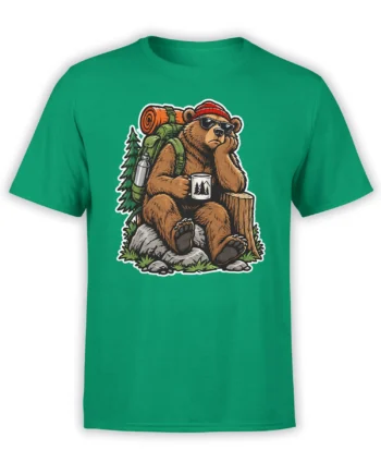 Green camping T-shirt featuring a relaxed brown bear with sunglasses, backpack, coffee mug, and forest gear
