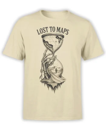 Beige travel T-shirt with vintage hourglass map artwork, skeleton hand, compass charm, desert traveler, and Lost to Maps text
