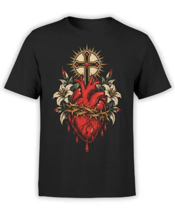 Black shirt with a red sacred heart, radiant cross, crown of thorns, and lilies in gothic artwork