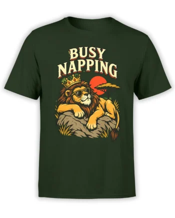Dark green T-shirt with a crowned lion in sunglasses, “Busy Napping” text, and a savanna sunset graphic