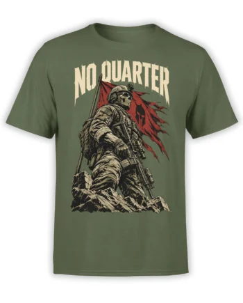 Green military T-shirt with a skull-faced soldier, red battle flag, rifle, rocks, and “NO QUARTER” text
