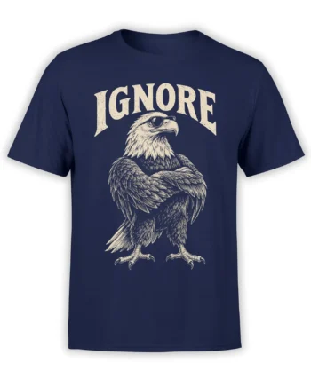 Vintage cream eagle wearing sunglasses with crossed wings and IGNORE text on a navy T-shirt