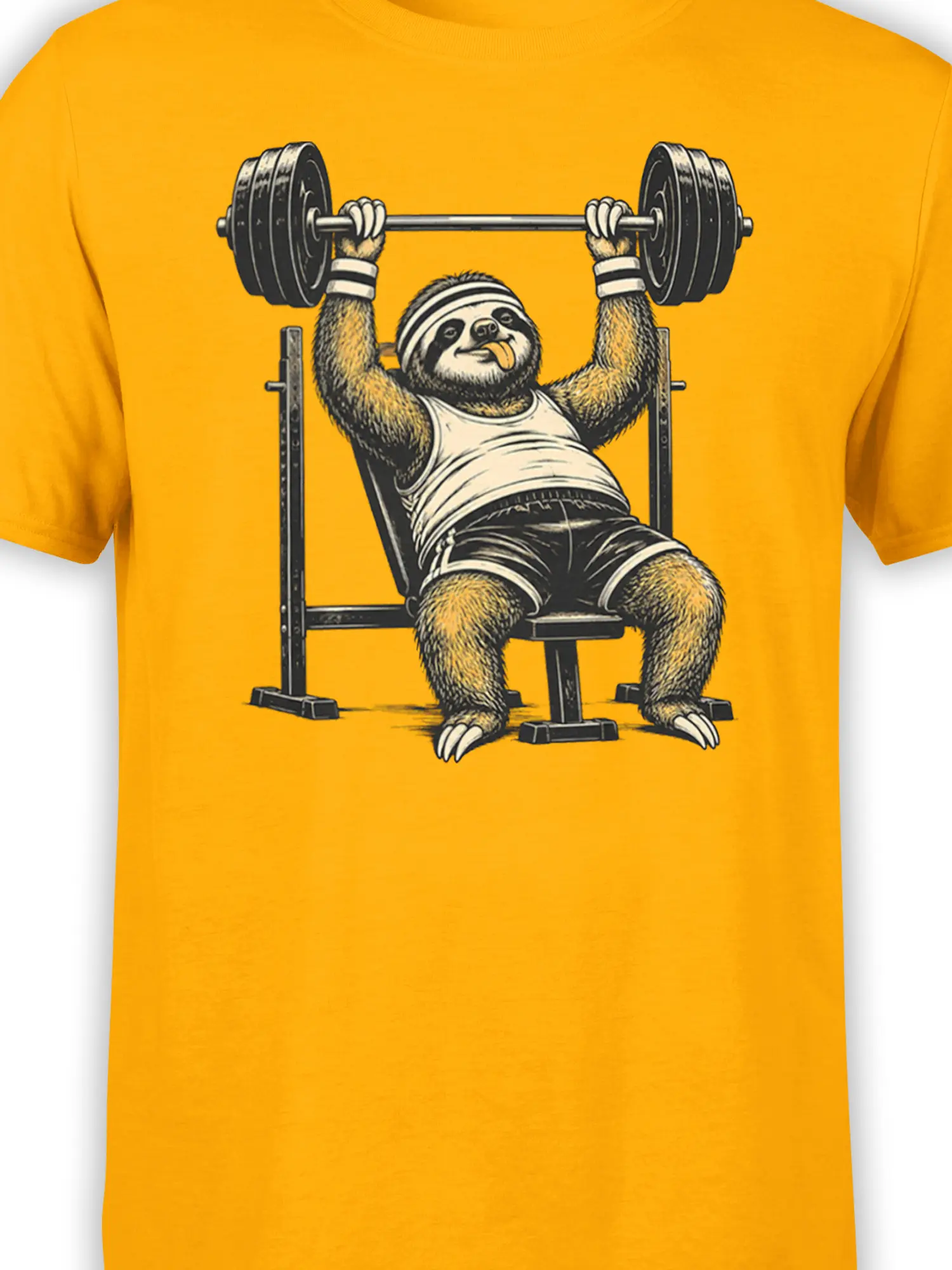 Close-up of a sloth lifting a barbell in vintage gym artwork on a yellow T-shirt