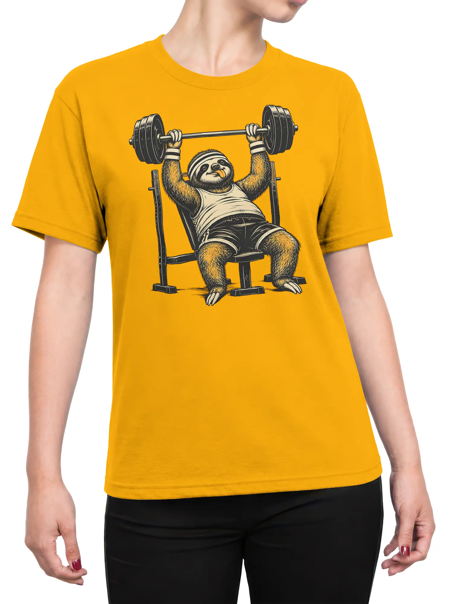 Female torso wearing a yellow T-shirt with a vintage sloth weightlifting graphic