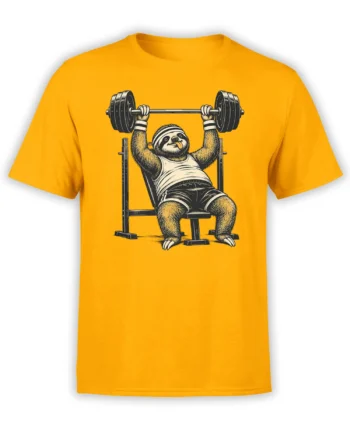 Vintage sloth bench pressing a loaded barbell on a bright yellow T-shirt