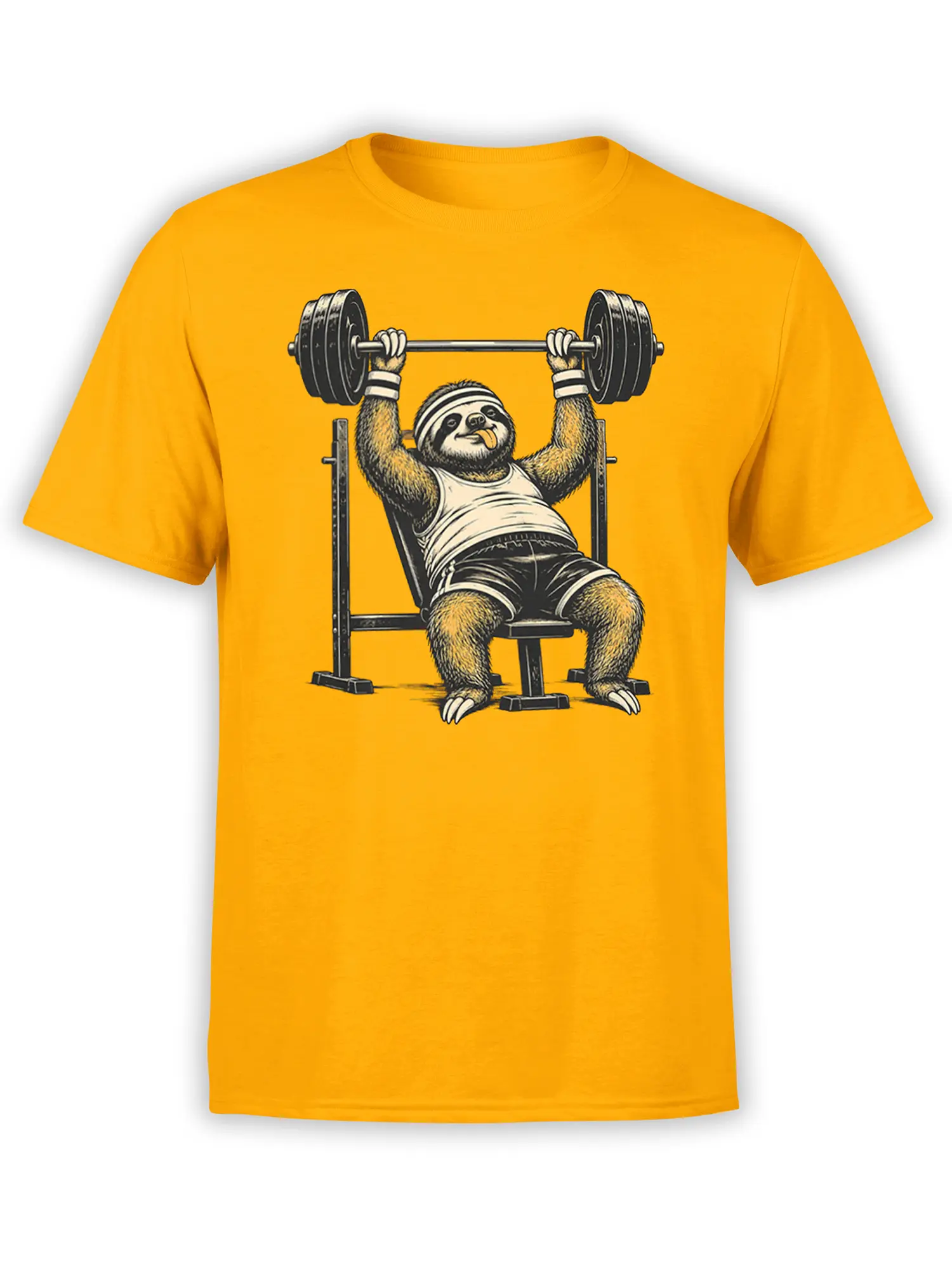 Vintage sloth bench pressing a loaded barbell on a bright yellow T-shirt