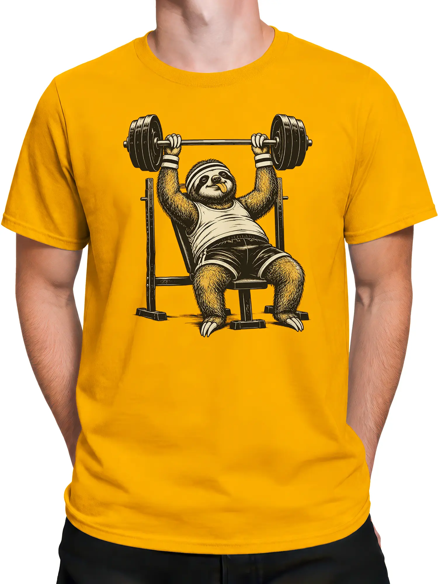Male torso wearing a yellow T-shirt with a vintage sloth bench press design