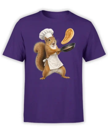 Purple T-shirt with a squirrel chef flipping a pancake in a frying pan