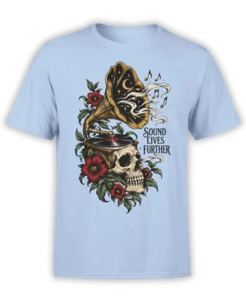 Light blue T-shirt with a vintage gramophone, floral skull, vinyl record, musical notes, and the words Sound Lives Further