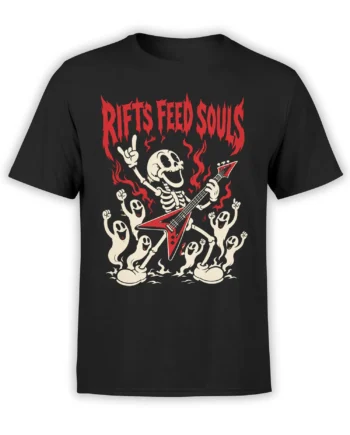 Black T-shirt with skeleton guitarist, red electric guitar, cheering ghosts, and “RIFFS FEED SOULS” text