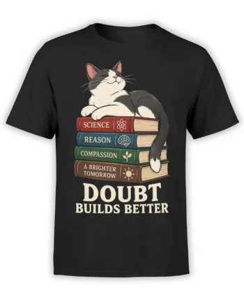 Black cat graphic tee with a gray-and-white cat on books labeled Science, Reason, Compassion, and A Brighter Tomorrow