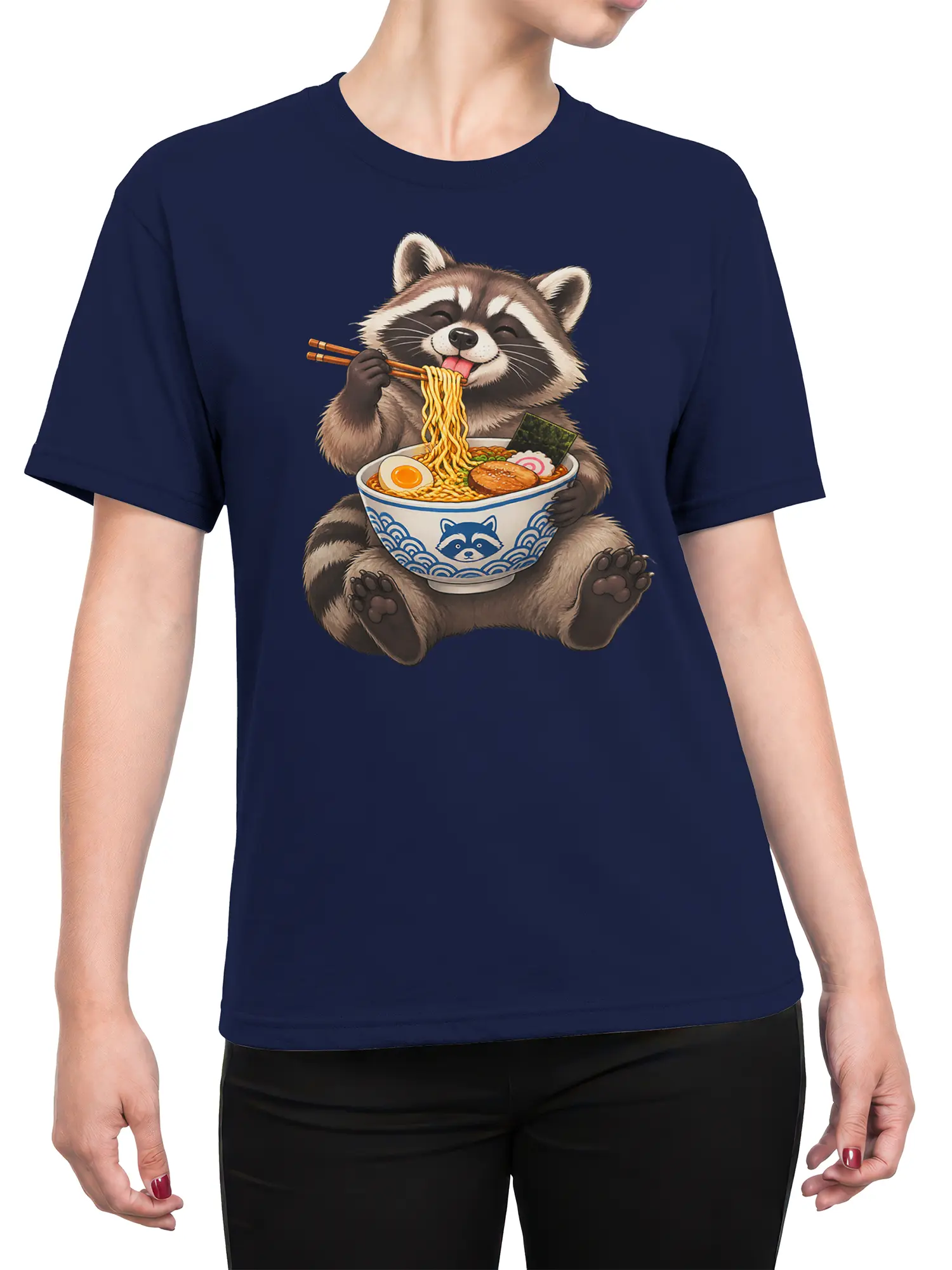 Female torso wearing a navy T-shirt with a cheerful raccoon eating noodles