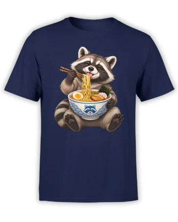 Cheerful raccoon eating noodles with chopsticks on a navy graphic T-shirt