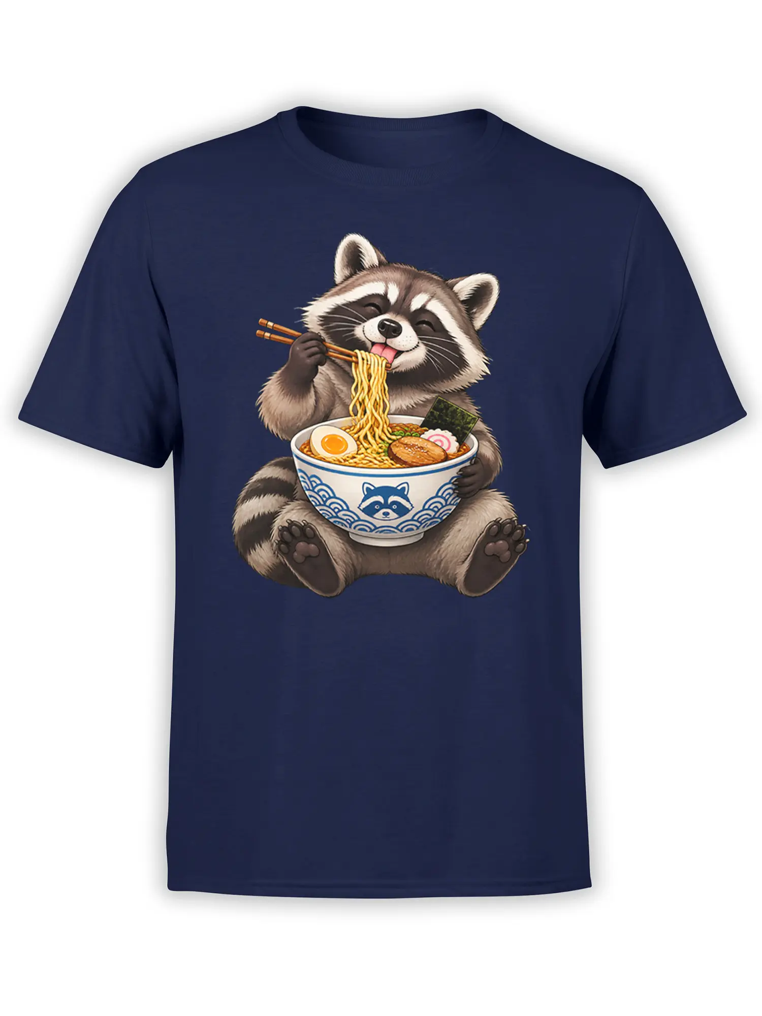 Cheerful raccoon eating noodles with chopsticks on a navy graphic T-shirt