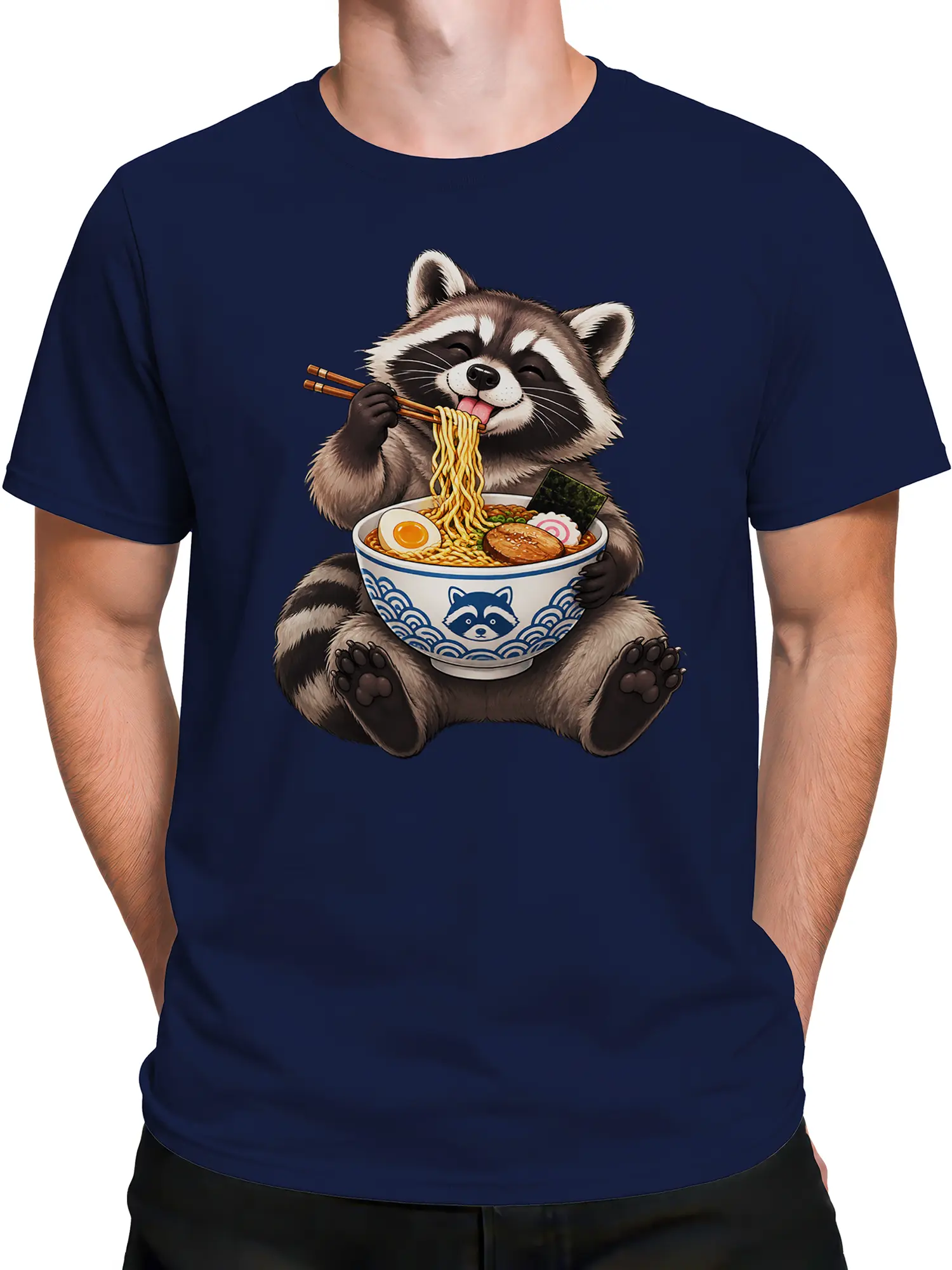 Male torso wearing a navy T-shirt with a raccoon noodle bowl design