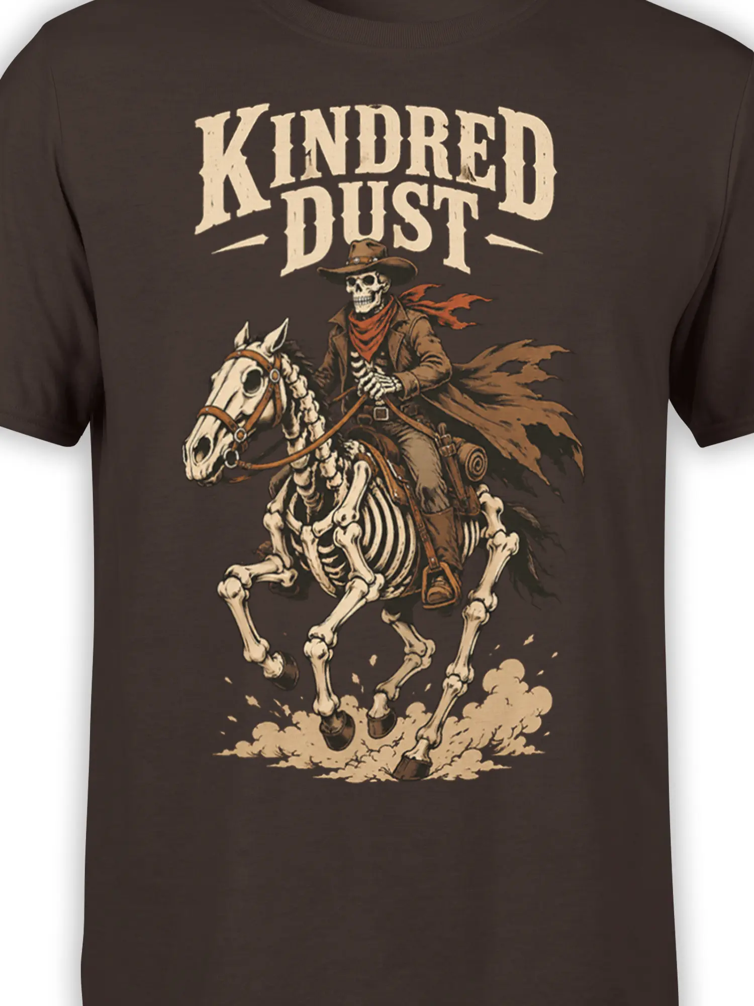 Close-up of the skeleton cowboy and skeletal horse artwork on a dark brown graphic T-shirt