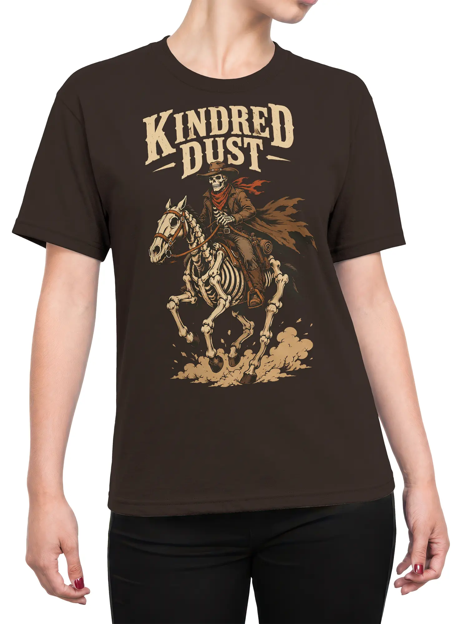 Female torso wearing a dark brown skeleton cowboy and skeletal horse graphic T-shirt