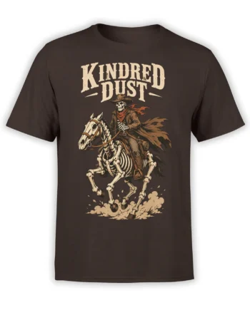 Skeleton cowboy riding a skeletal horse on a dark brown KINDRED DUST graphic T-shirt