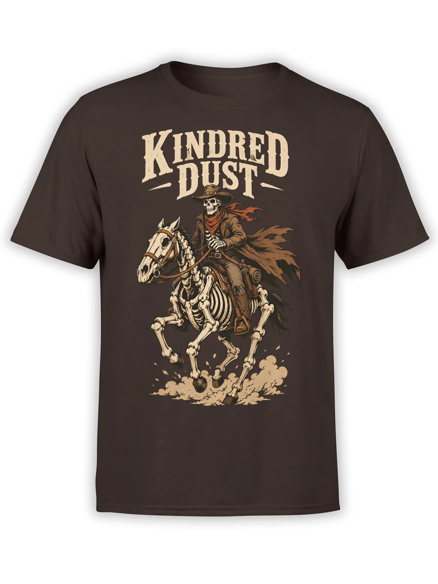 Skeleton cowboy riding a skeletal horse on a dark brown KINDRED DUST graphic T-shirt