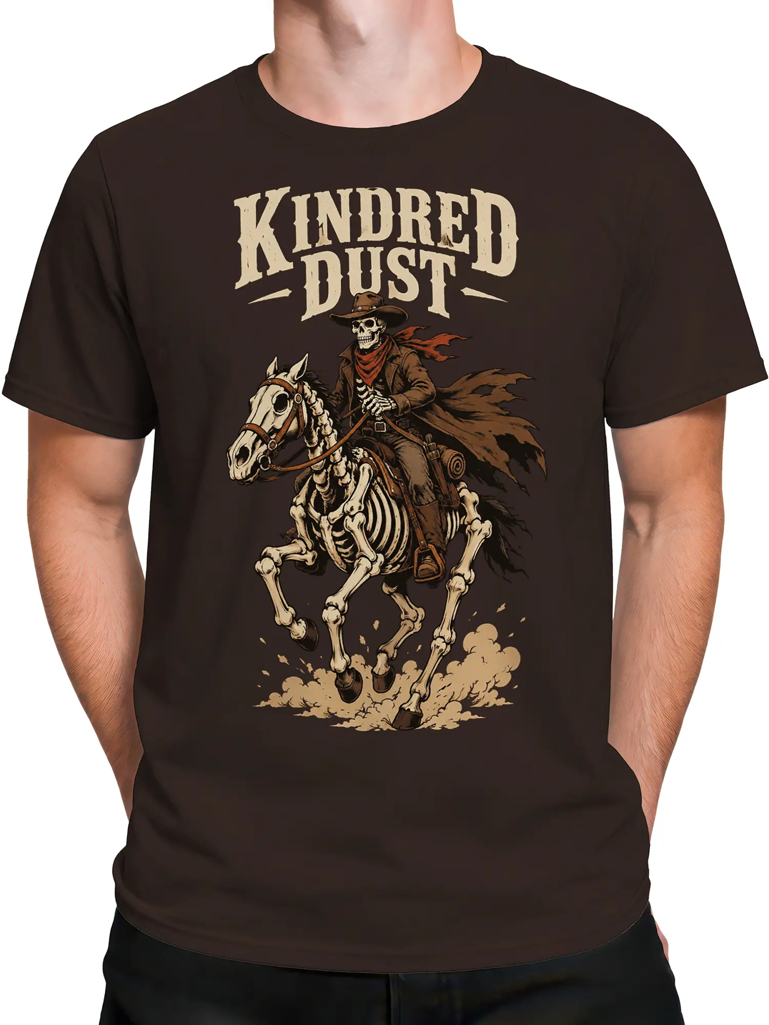 Male torso wearing a dark brown skeleton cowboy and skeletal horse graphic T-shirt