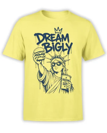 Yellow graphic T-shirt with crowned liberty-inspired figure raising a burger under DREAM BIGLY lettering