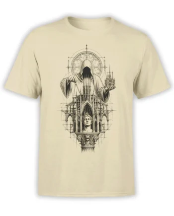 Beige T-shirt with a hooded figure above a detailed Gothic cathedral and classical bust design