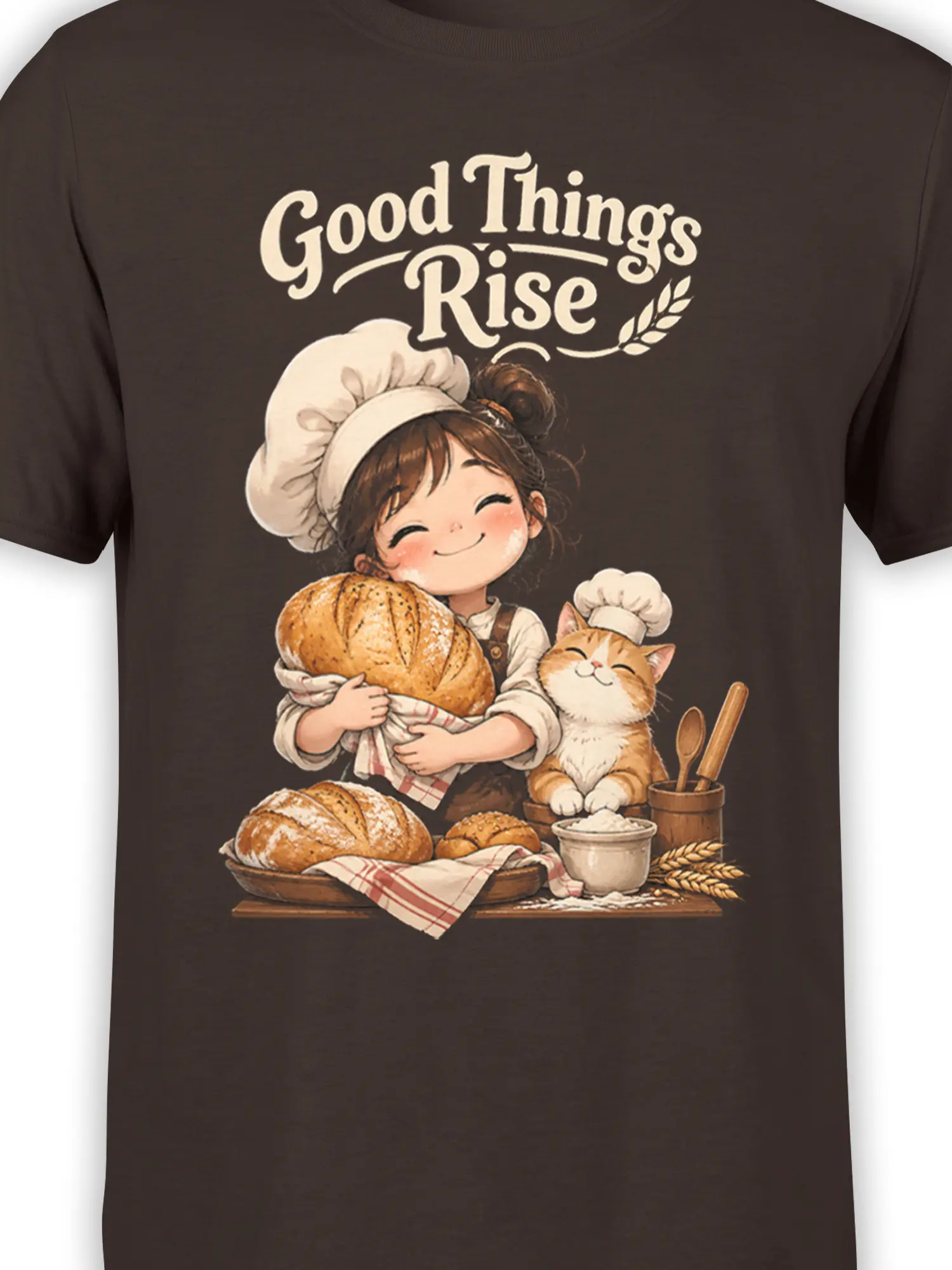 Close-up of baker and chef-hat cat graphic with bread and Good Things Rise text on brown fabric