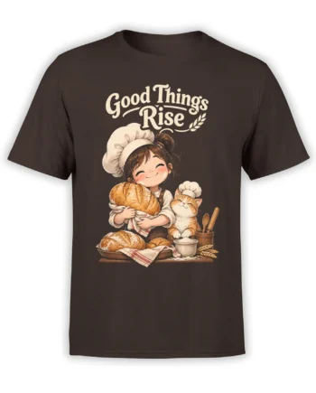 Brown T-shirt with smiling baker, chef-hat cat, fresh bread, and Good Things Rise graphic
