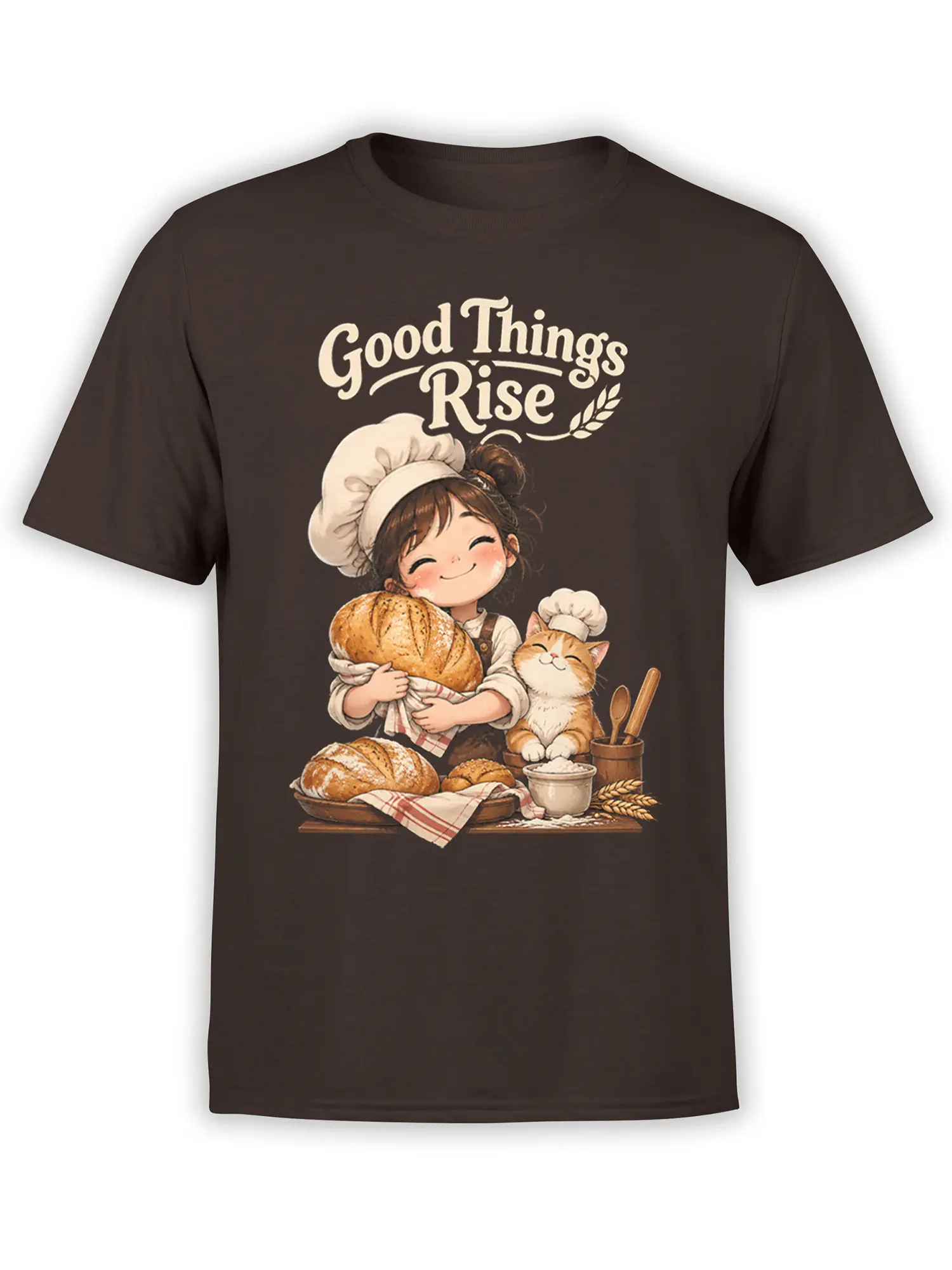 Brown T-shirt with smiling baker, chef-hat cat, fresh bread, and Good Things Rise graphic
